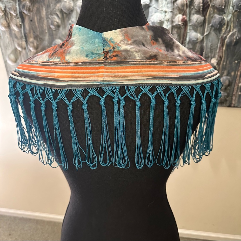 Teal & Orange Abstract Fringe Silk-Feel Scarf Wrap - Picture 6 of 7